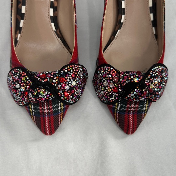 Betsey Johnson Red Tartan Plaid Lexie Kitten Heels Rhinestone Bows Shoes Sz 6m - Picture 3 of 13